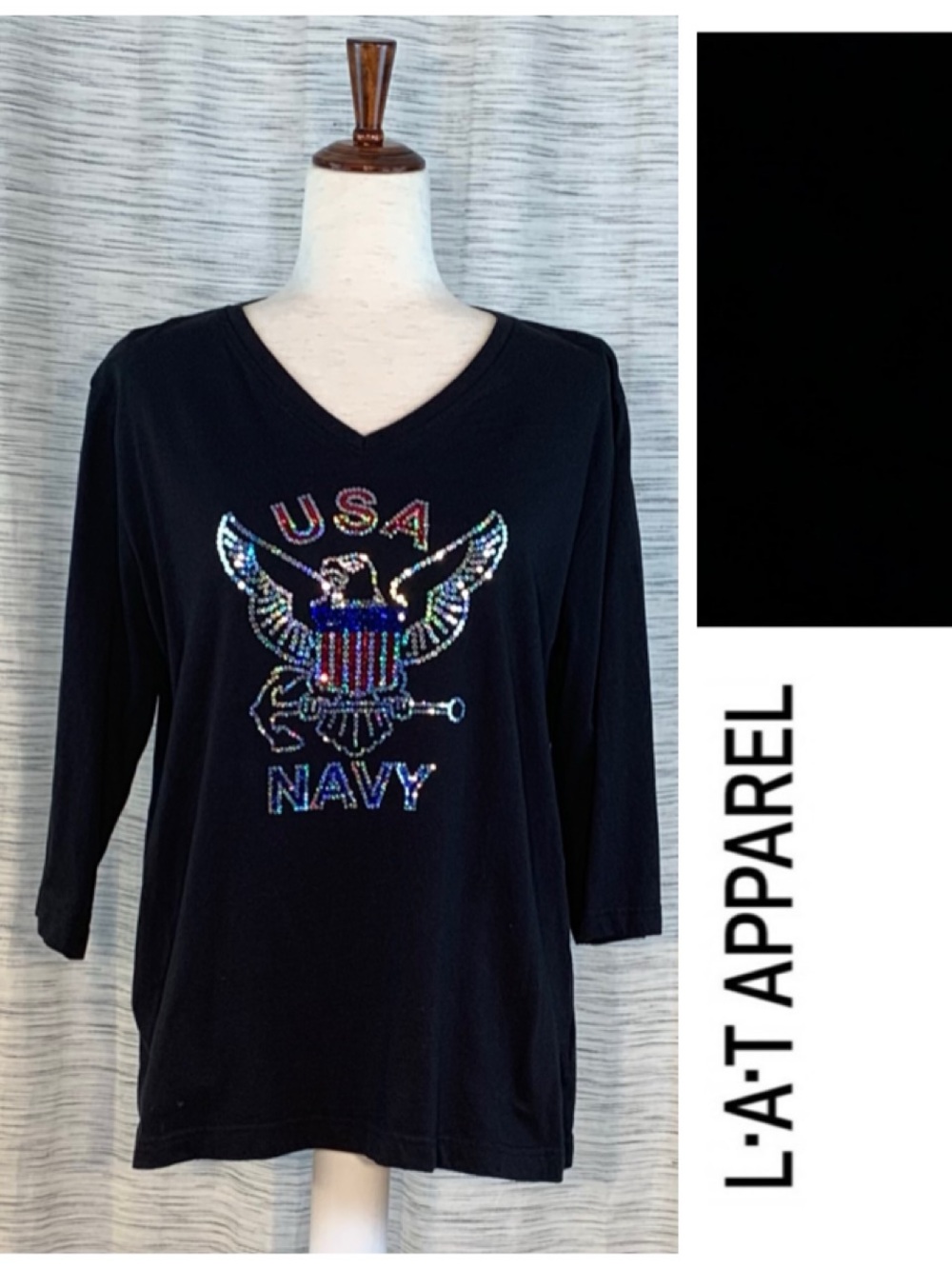 Live and Tell Apparel black United States Navy 3/4 sleeve sequin tee-shirt.